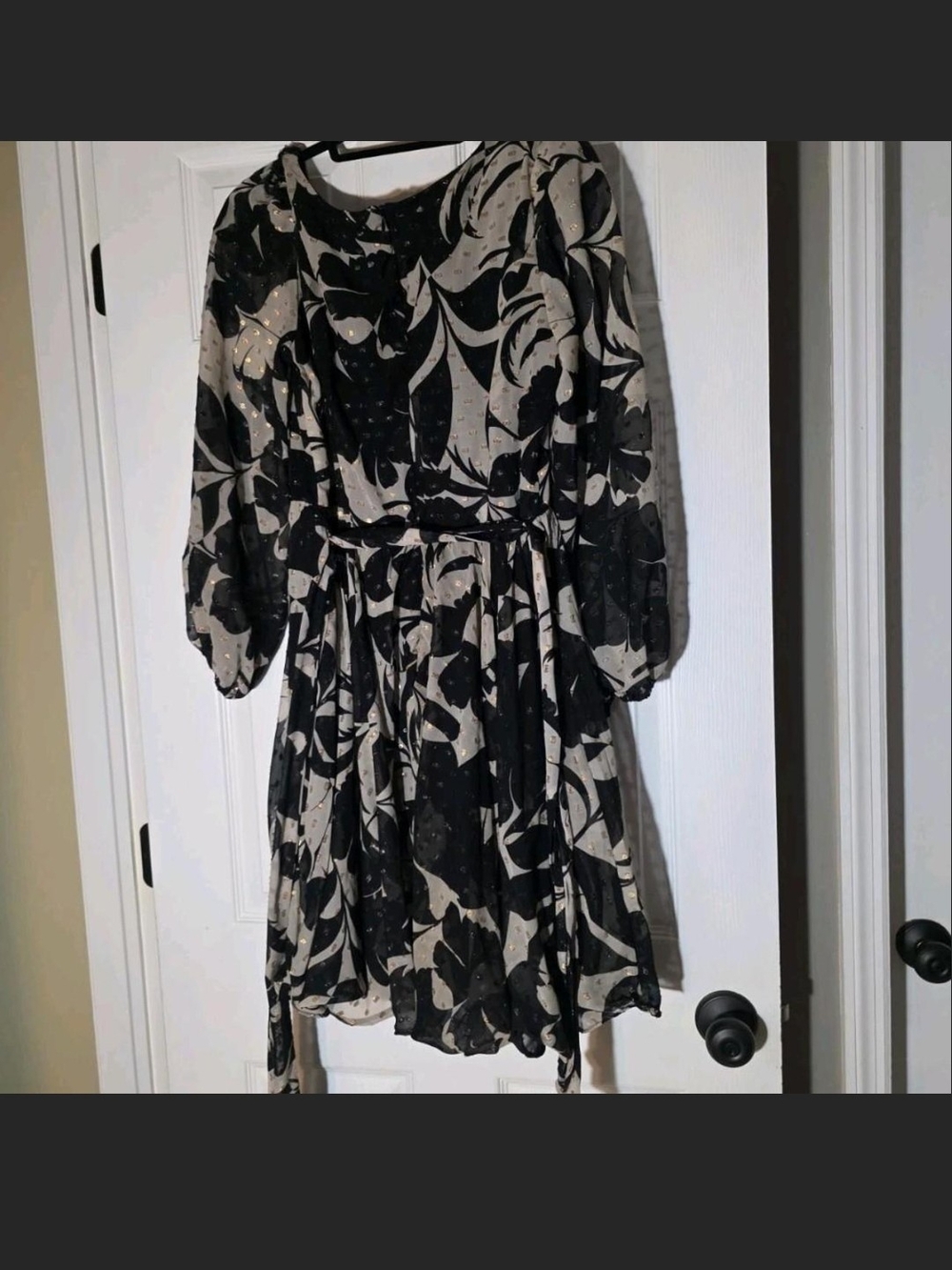 Taylor Black and Cream Floral Long-Sleeve A-Line Dress